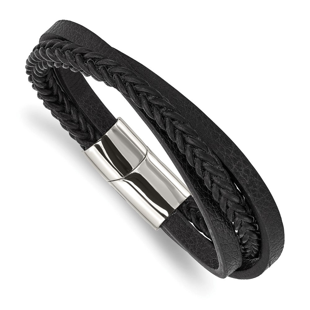 Chisel Stainless Steel Polished Multi Strand Black Leather 8.25 inch Bracelet SRB2828-8.25