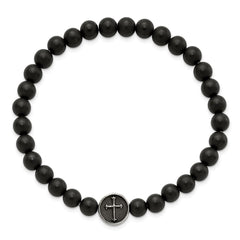 Chisel Stainless Steel Antiqued and Polished Cross 7mm Black Agate Beaded Stretch Bracelet SRB2857