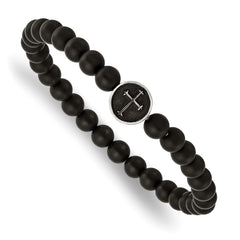 Chisel Stainless Steel Antiqued and Polished Cross 7mm Black Agate Beaded Stretch Bracelet SRB2857