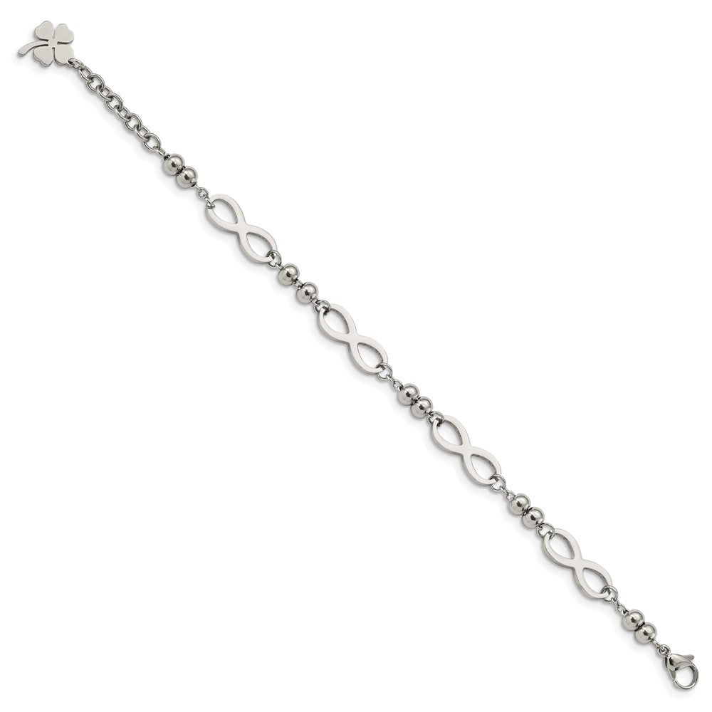Chisel Stainless Steel Polished Infinity Symbol Link with 4 Leaf Clover Charm 6.5 inch Bracelet with 1 inch Extension SRB2879-6.5