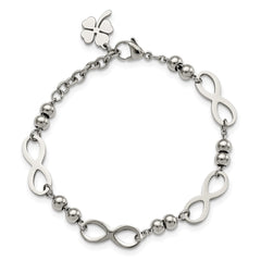 Chisel Stainless Steel Polished Infinity Symbol Link with 4 Leaf Clover Charm 6.5 inch Bracelet with 1 inch Extension SRB2879-6.5