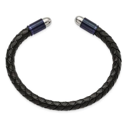 Chisel Stainless Steel Brushed and Polished Dark Grey IP-plated Black Leather Flexible Cuff Bangle SRB2922