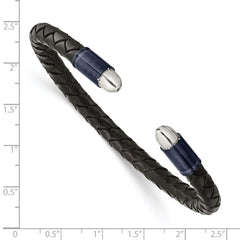 Chisel Stainless Steel Brushed and Polished Dark Grey IP-plated Black Leather Flexible Cuff Bangle SRB2922