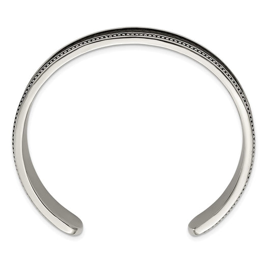 Chisel Stainless Steel Antiqued and Polished with Textured Leather Inlay 12mm Cuff Bangle SRB2933