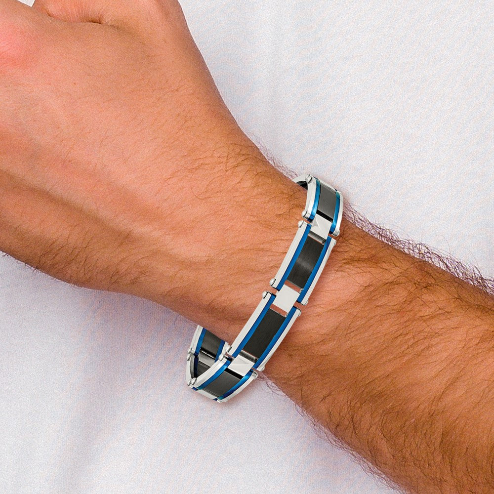 Chisel Stainless Steel Brushed and Polished Black and Blue IP-plated 8.75 inch Link Bracelet SRB2960-8.75