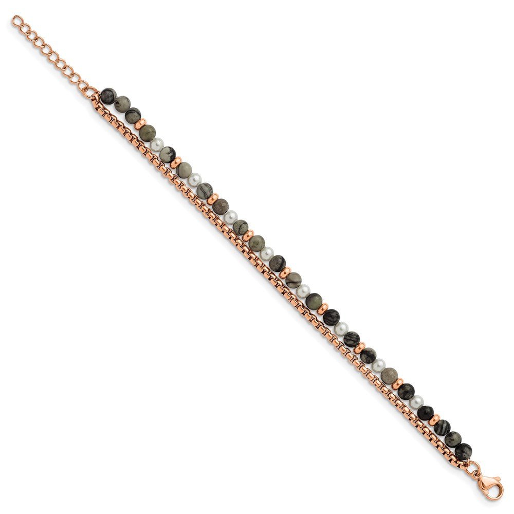 Chisel Stainless Steel Polished Rose IP-plated Box Chain and Picasso Jasper Beads 6.5 inch Bracelet with 1 inch Extension SRB2971-6.5