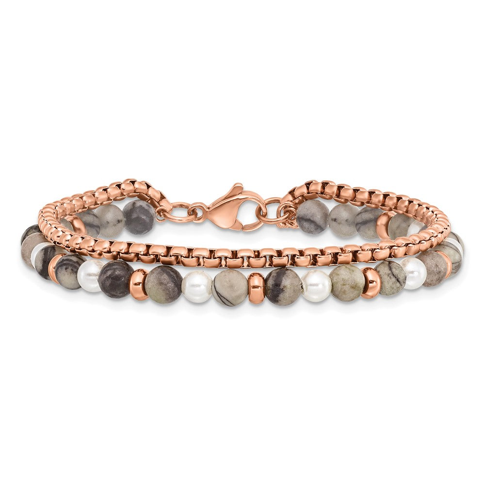 Chisel Stainless Steel Polished Rose IP-plated Box Chain and Picasso Jasper Beads 6.5 inch Bracelet with 1 inch Extension SRB2971-6.5