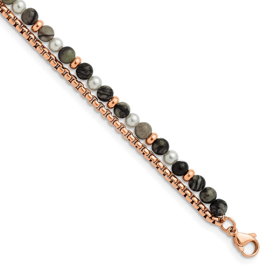 Chisel Stainless Steel Polished Rose IP-plated Box Chain and Picasso Jasper Beads 6.5 inch Bracelet with 1 inch Extension SRB2971-6.5