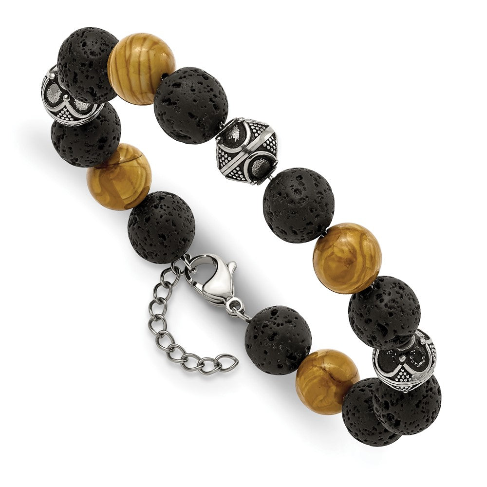 Chisel Stainless Steel Antiqued and Polished 9.5-10mm Lava and Red Wood Stone Beads 7.25 inch Bracelet with 1 inch Extension SRB2972-7.25