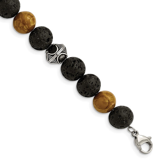 Chisel Stainless Steel Antiqued and Polished 9.5-10mm Lava and Red Wood Stone Beads 7.25 inch Bracelet with 1 inch Extension SRB2972-7.25