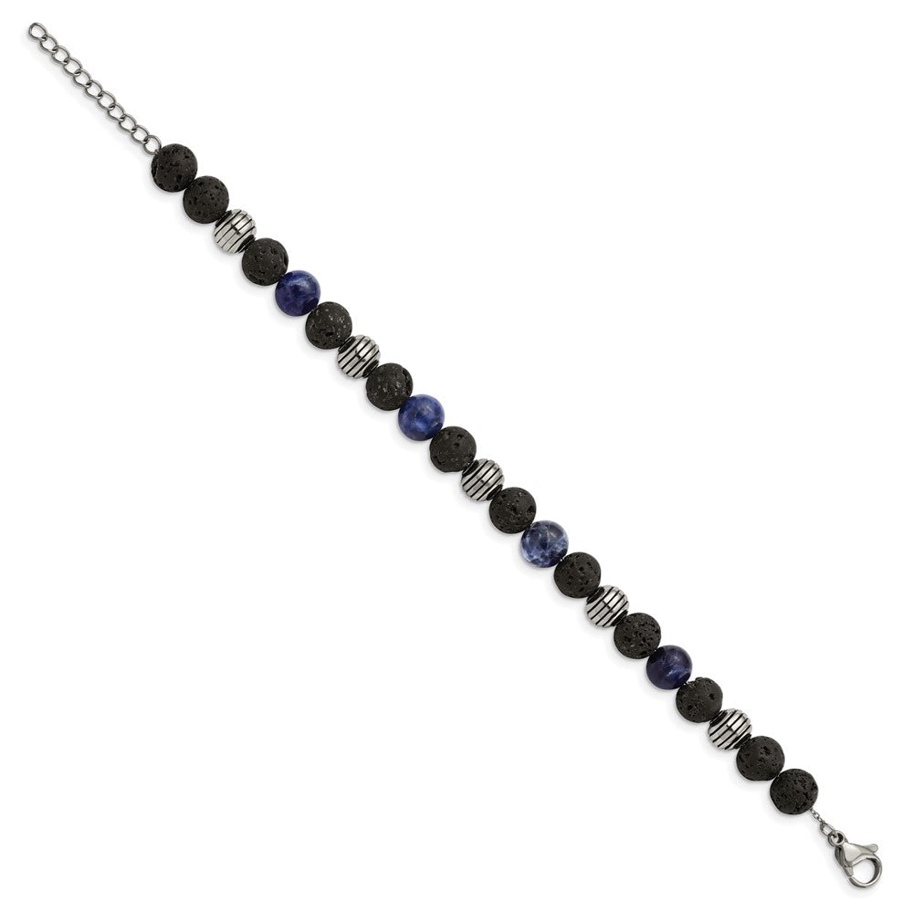 Chisel Stainless Steel Antiqued and Polished with Lava Stone and Sodalite Beads 7.5 inch Bracelet with 1 inch Extension SRB2974-7.5
