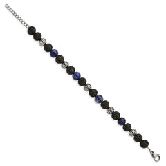 Chisel Stainless Steel Antiqued and Polished with Lava Stone and Sodalite Beads 7.5 inch Bracelet with 1 inch Extension SRB2974-7.5