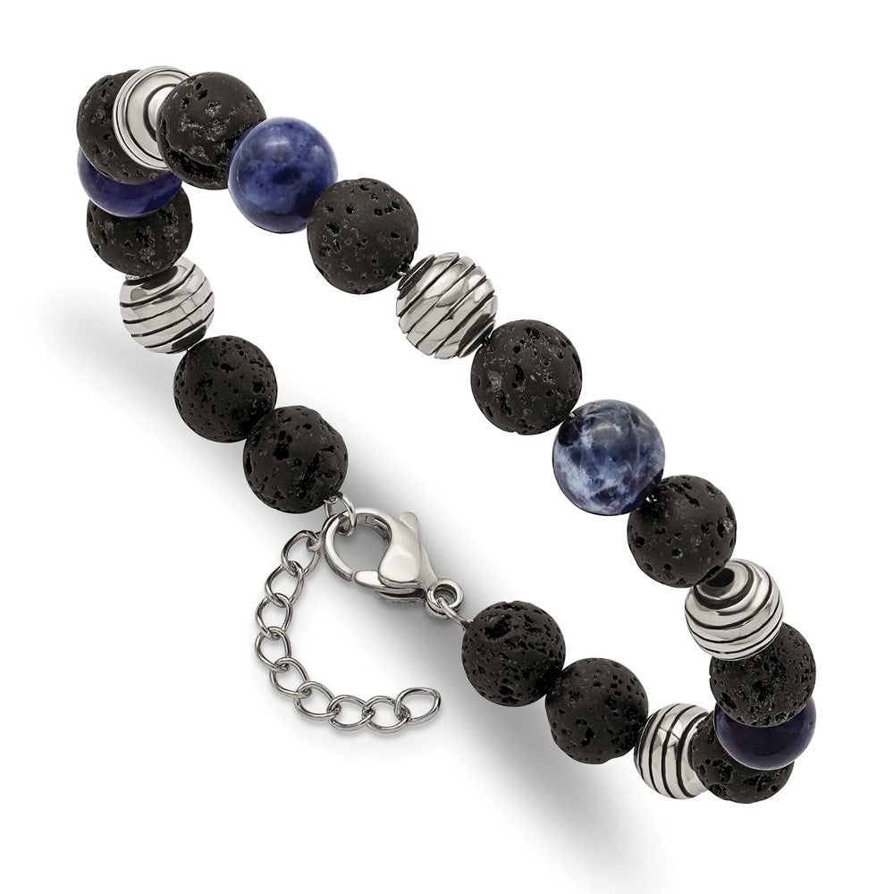 Chisel Stainless Steel Antiqued and Polished with Lava Stone and Sodalite Beads 7.5 inch Bracelet with 1 inch Extension SRB2974-7.5