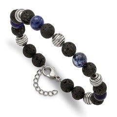 Chisel Stainless Steel Antiqued and Polished with Lava Stone and Sodalite Beads 7.5 inch Bracelet with 1 inch Extension SRB2974-7.5