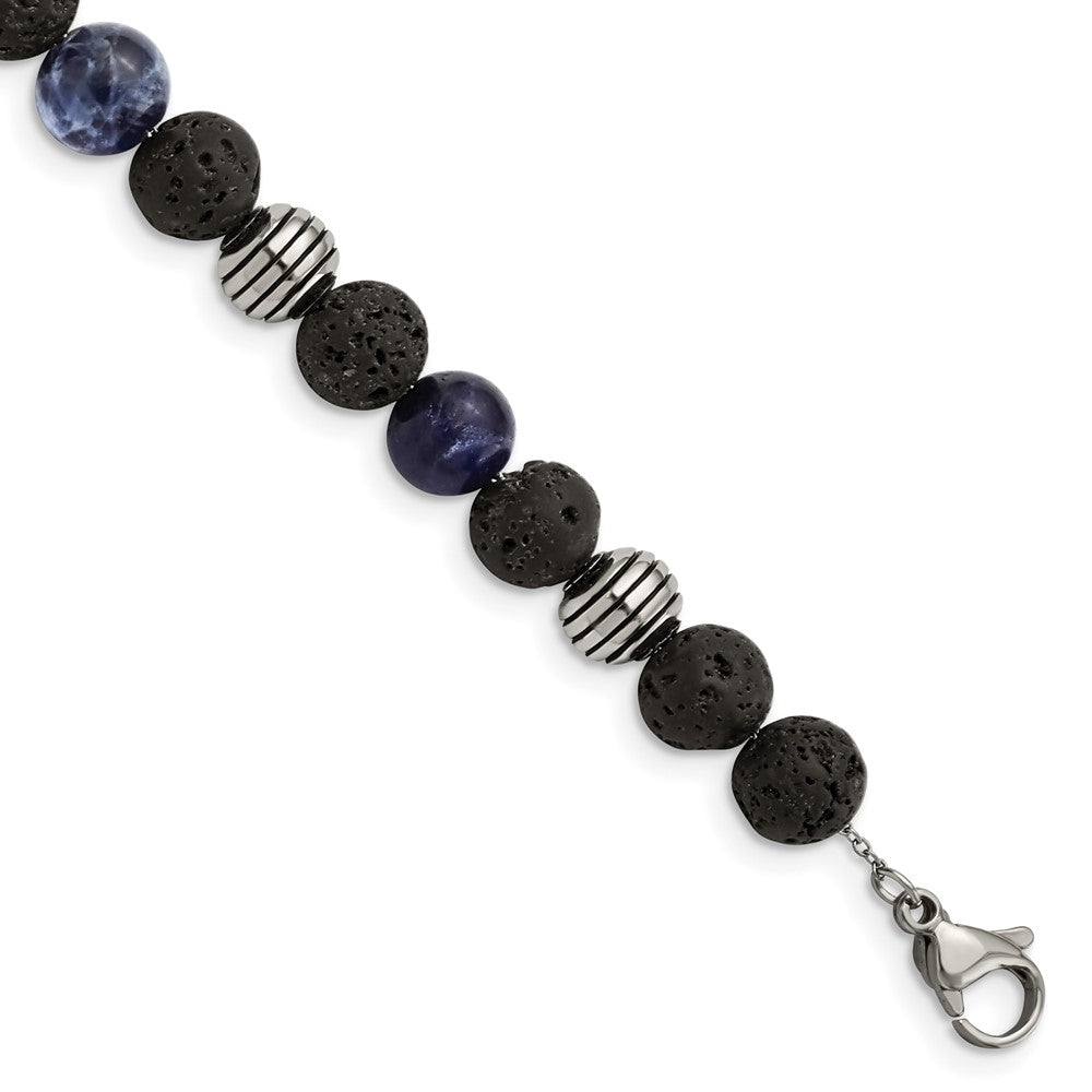 Chisel Stainless Steel Antiqued and Polished with Lava Stone and Sodalite Beads 7.5 inch Bracelet with 1 inch Extension SRB2974-7.5