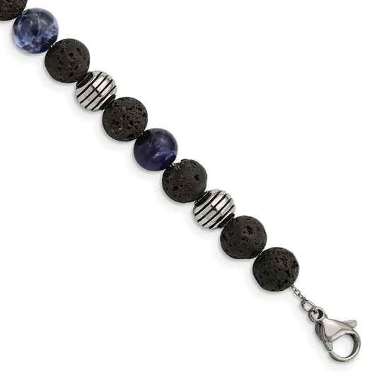 Chisel Stainless Steel Antiqued and Polished with Lava Stone and Sodalite Beads 7.5 inch Bracelet with 1 inch Extension SRB2974-7.5