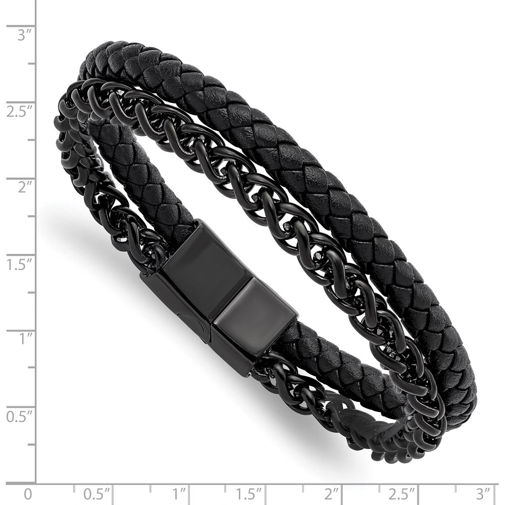 Chisel Stainless Steel Polished Black IP-plated Chain and Black Leather 8.5 inch Bracelet SRB2992-8.5