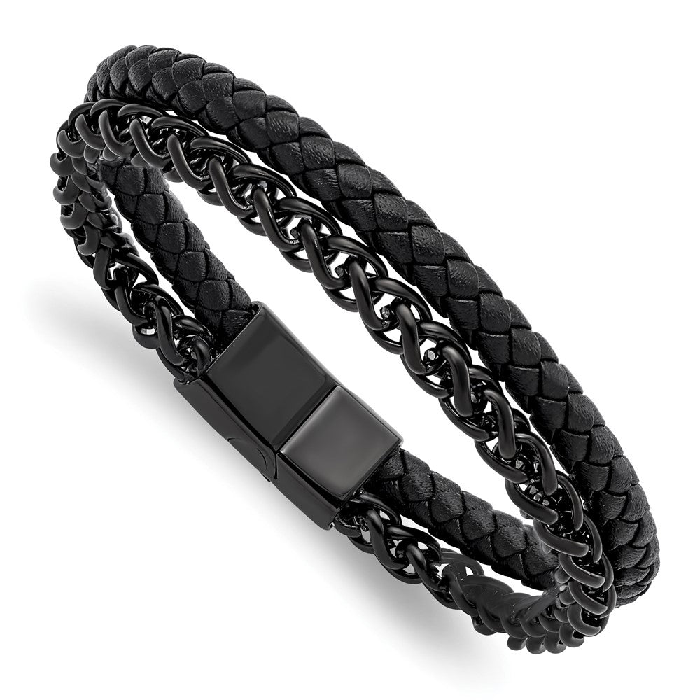 Chisel Stainless Steel Polished Black IP-plated Chain and Black Leather 8.5 inch Bracelet SRB2992-8.5