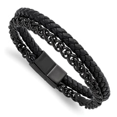 Chisel Stainless Steel Polished Black IP-plated Chain and Black Leather 8.5 inch Bracelet SRB2992-8.5