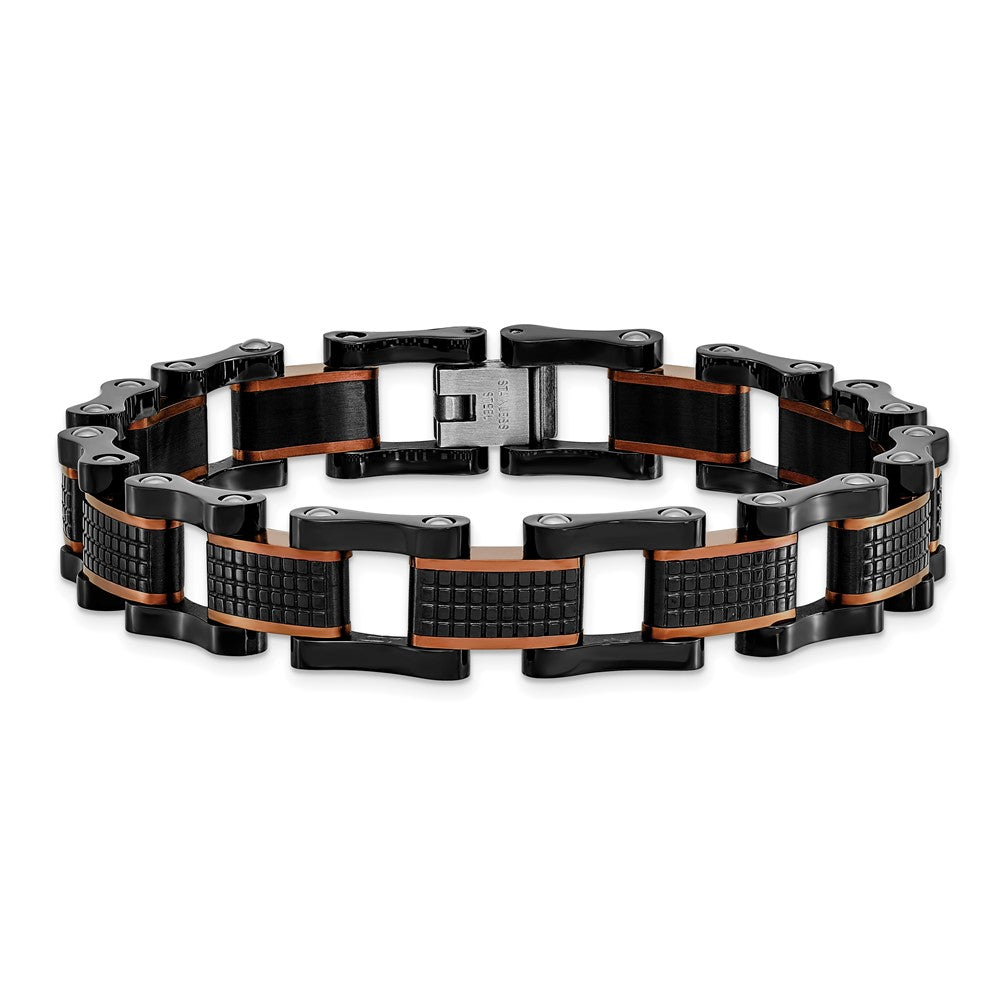 Chisel Stainless Steel Polished and Textured Black and Brown IP-plated 8.25 inch Open Link Bracelet SRB3016-8.25