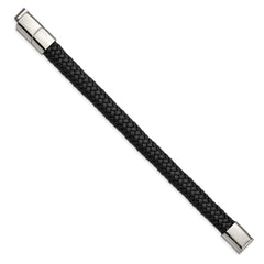 Chisel Stainless Steel Polished Black Braided Leather 8 inch Bracelet with .5 inch Extension SRB3022-8