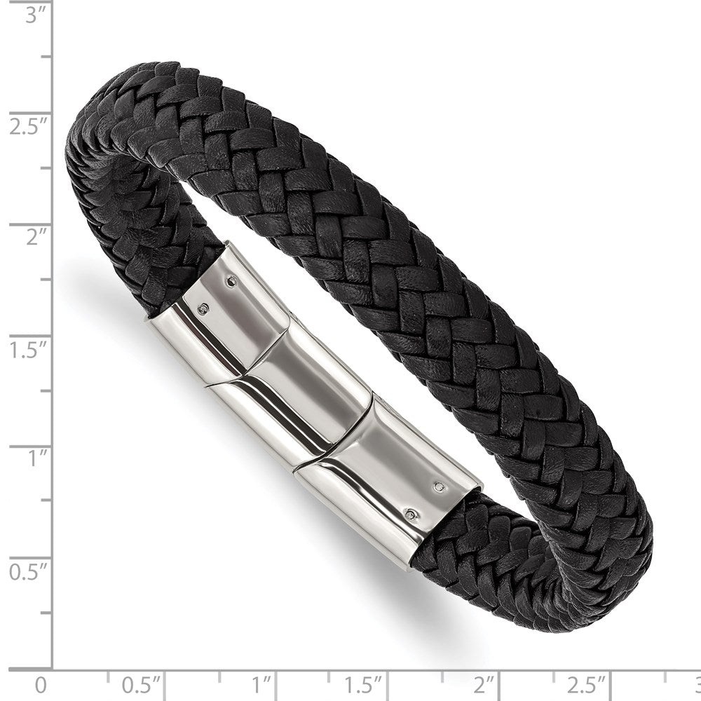 Chisel Stainless Steel Polished Black Braided Leather 8 inch Bracelet with .5 inch Extension SRB3022-8