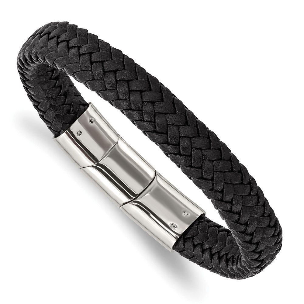Chisel Stainless Steel Polished Black Braided Leather 8 inch Bracelet with .5 inch Extension SRB3022-8
