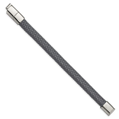 Chisel Stainless Steel Polished Grey Braided Leather 8 inch Bracelet with .5 inch Extension SRB3025-8