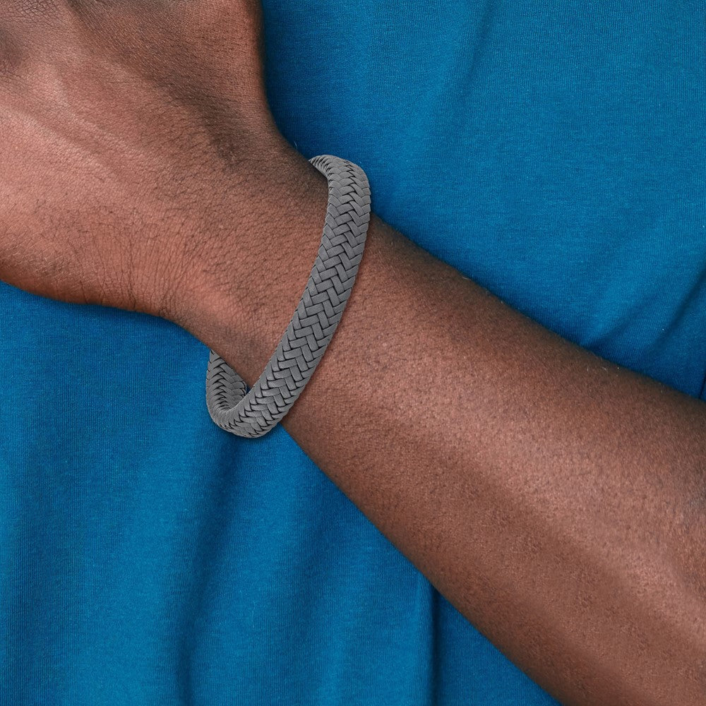 Chisel Stainless Steel Polished Grey Braided Leather 8 inch Bracelet with .5 inch Extension SRB3025-8