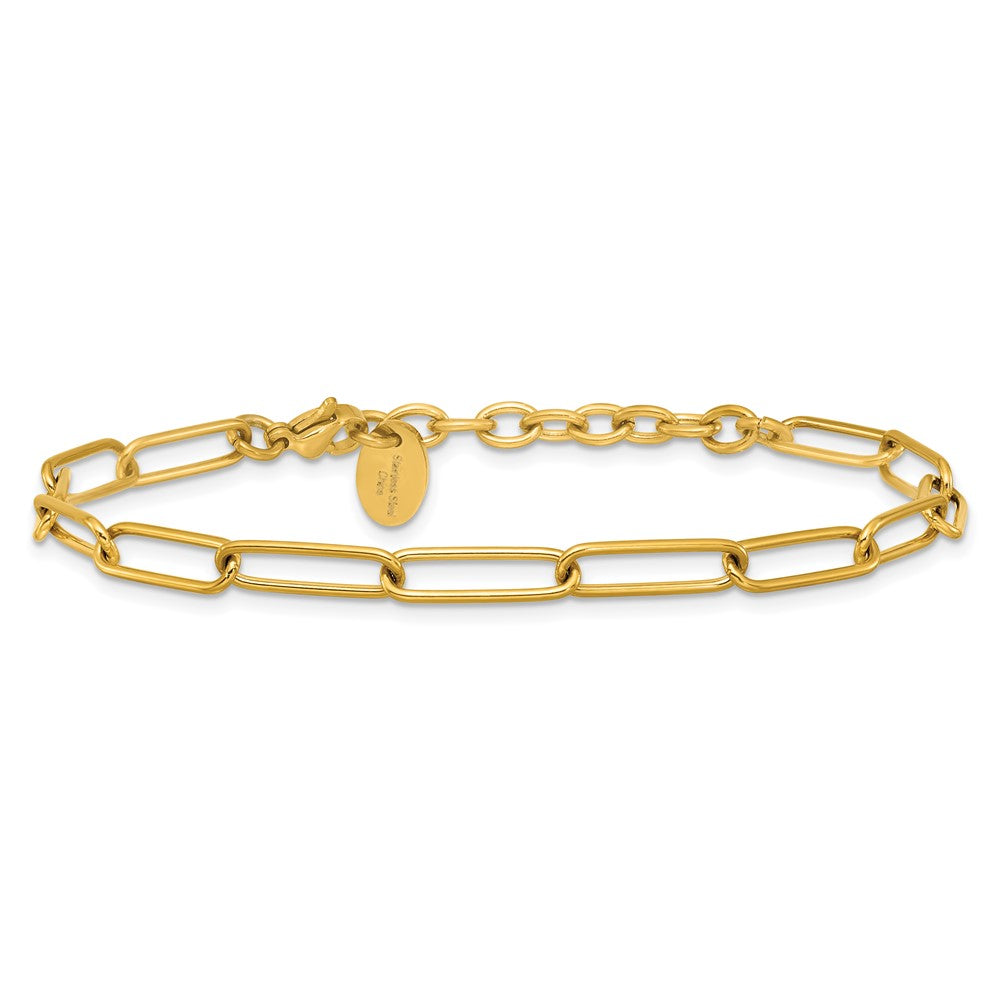 Chisel Stainless Steel Polished Yellow IP-plated Elongated Open Link Paperclip 7 inch Bracelet with 1.25 inch Extension SRB3054-7