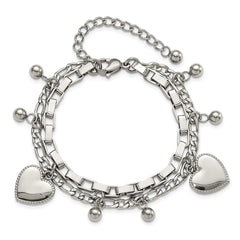 Chisel Stainless Steel Polished Hearts and Beads 7 inch Multi Chain Bracelet with 2 inch Extension SRB3059-7