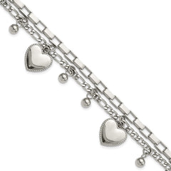 Chisel Stainless Steel Polished Hearts and Beads 7 inch Multi Chain Bracelet with 2 inch Extension SRB3059-7