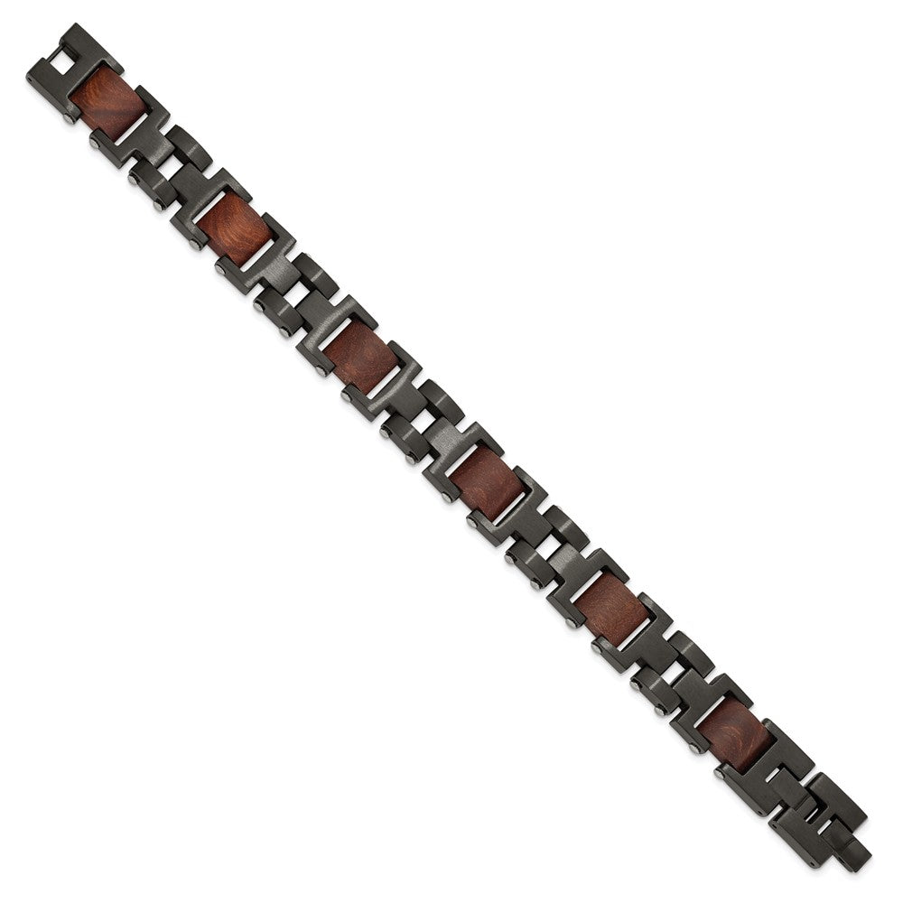 Chisel Stainless Steel Brushed Black IP-plated with Wood Inlay 8 inch Link Bracelet with .5 inch Extension SRB3064-8