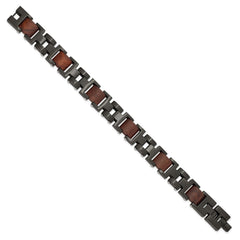 Chisel Stainless Steel Brushed Black IP-plated with Wood Inlay 8 inch Link Bracelet with .5 inch Extension SRB3064-8