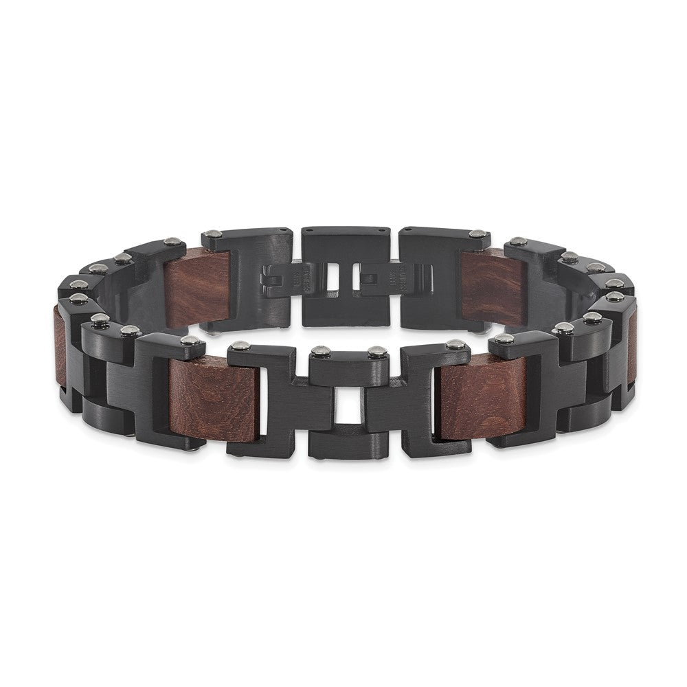 Chisel Stainless Steel Brushed Black IP-plated with Wood Inlay 8 inch Link Bracelet with .5 inch Extension SRB3064-8