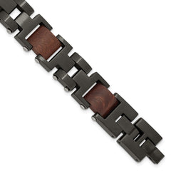 Chisel Stainless Steel Brushed Black IP-plated with Wood Inlay 8 inch Link Bracelet with .5 inch Extension SRB3064-8