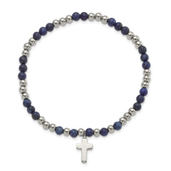Chisel Stainless Steel Polished 4mm Lapis Beaded with Cross Dangle Beaded Stretch Bracelet SRB3081