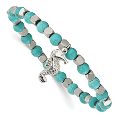 Chisel Stainless Steel Polished 6.5mm Seahorse Imitation Turquoise Beaded Stretch Bracelet SRB3084