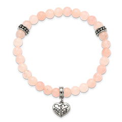 Chisel Stainless Steel Antiqued and Polished I LOVE YOU MORE Heart Dangle 6.5mm Pink Jade Beaded Stretch Bracelet SRB3085