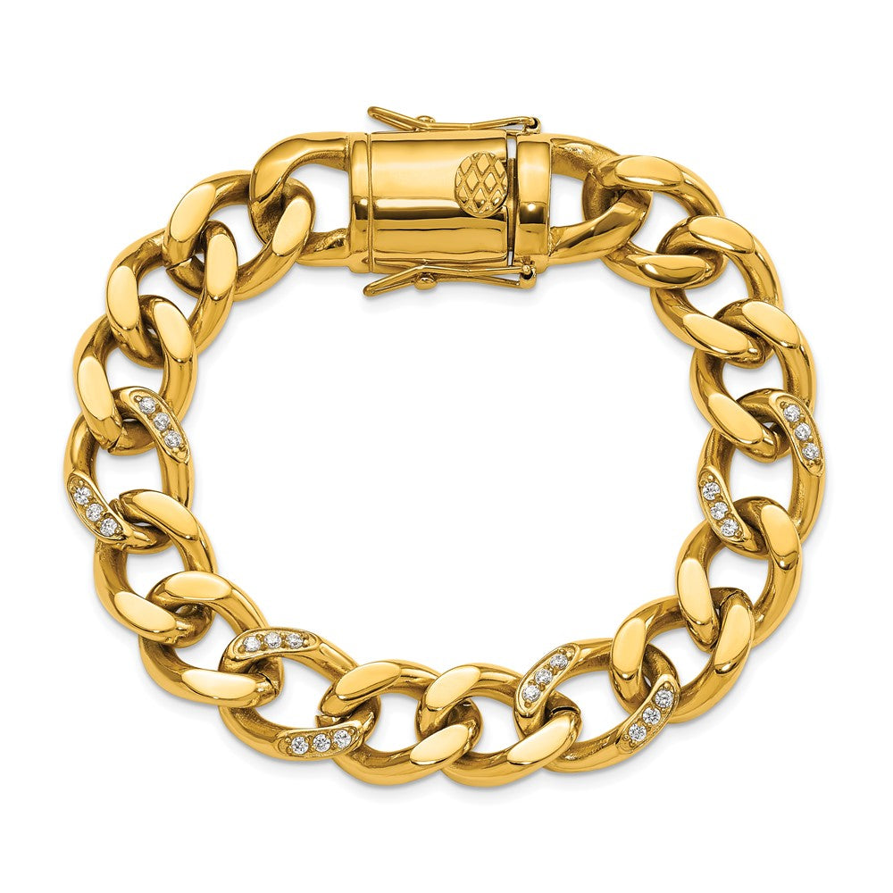 Chisel Stainless Steel Polished Yellow IP-plated with CZ 8 inch Curb Link Bracelet SRB3096-8