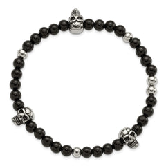 Chisel Stainless Steel Antiqued and Polished Black Agate Beaded with Skulls Stretch Bracelet SRB3101