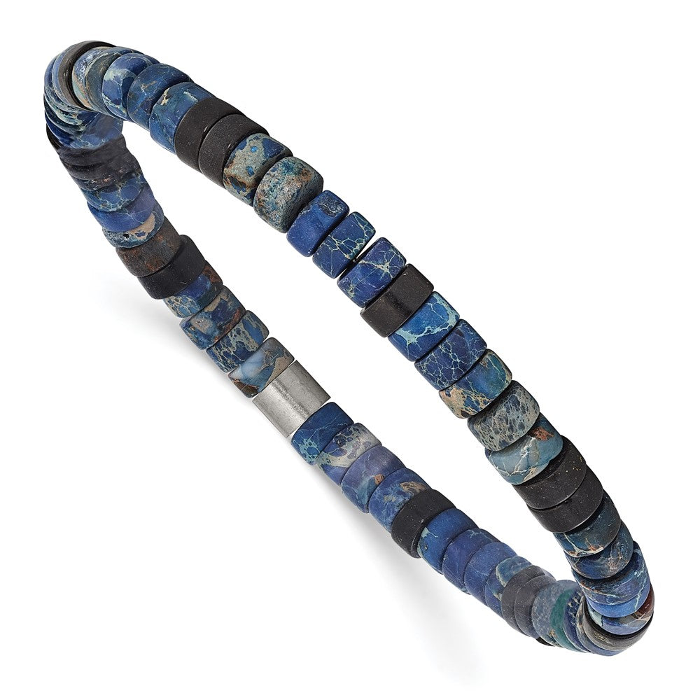 Chisel Stainless Steel Brushed Blue Sediment and Black Agate Beaded Stretch Bracelet SRB3117