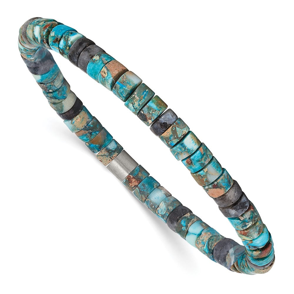 Chisel Stainless Steel Brushed Blue Sediment and Black Spectrolite Beaded Stretch Bracelet SRB3119