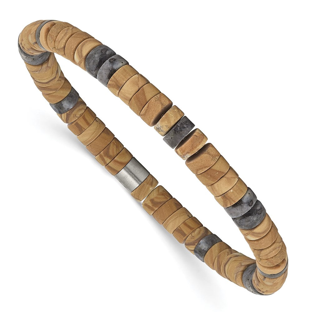Chisel Stainless Steel Grain Stone and Black Spectrolite Beaded Stretch Bracelet SRB3125