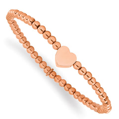 Chisel Stainless Steel Polished Rose IP-plated Heart 4mm Beaded Stretch Bracelet SRB3140R