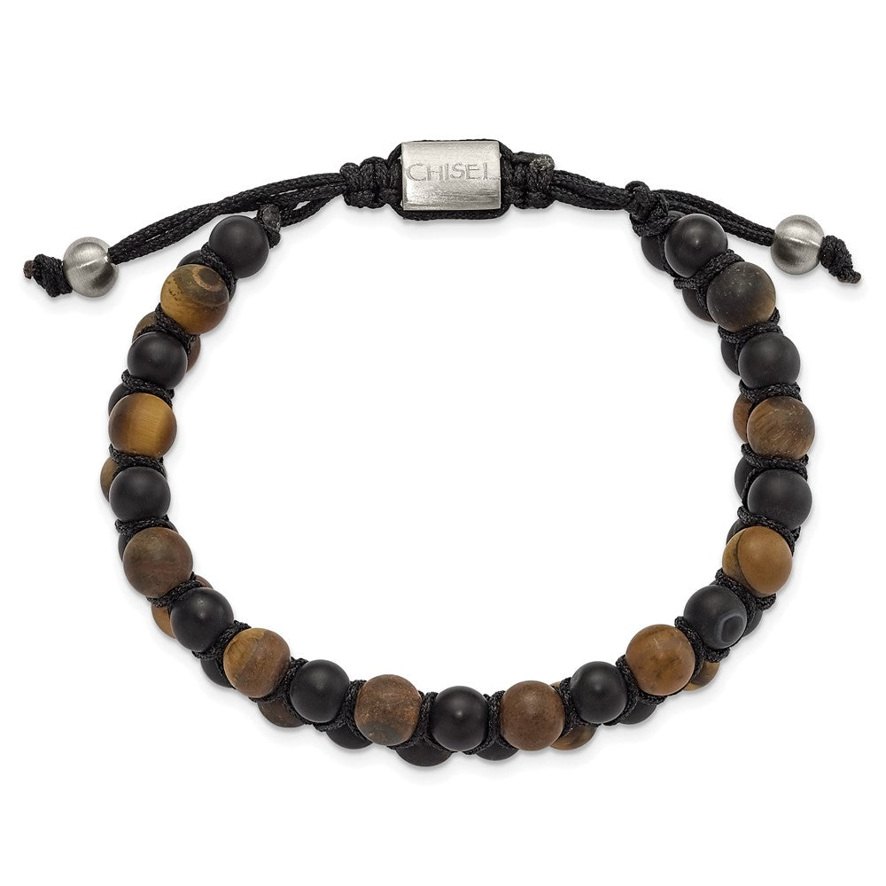 Chisel Stainless Steel Brushed Tiger's Eye and Black Agate Black Nylon Adjustable Bracelet SRB3141
