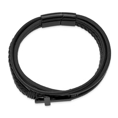 Chisel Stainless Steel Polished Black IP-plated Cross Black Polyurethane and Leather Multi Strand 8.75 inch Bracelet SRB3156-8.75