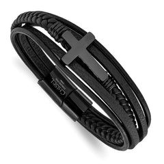 Chisel Stainless Steel Polished Black IP-plated Cross Black Polyurethane and Leather Multi Strand 8.75 inch Bracelet SRB3156-8.75