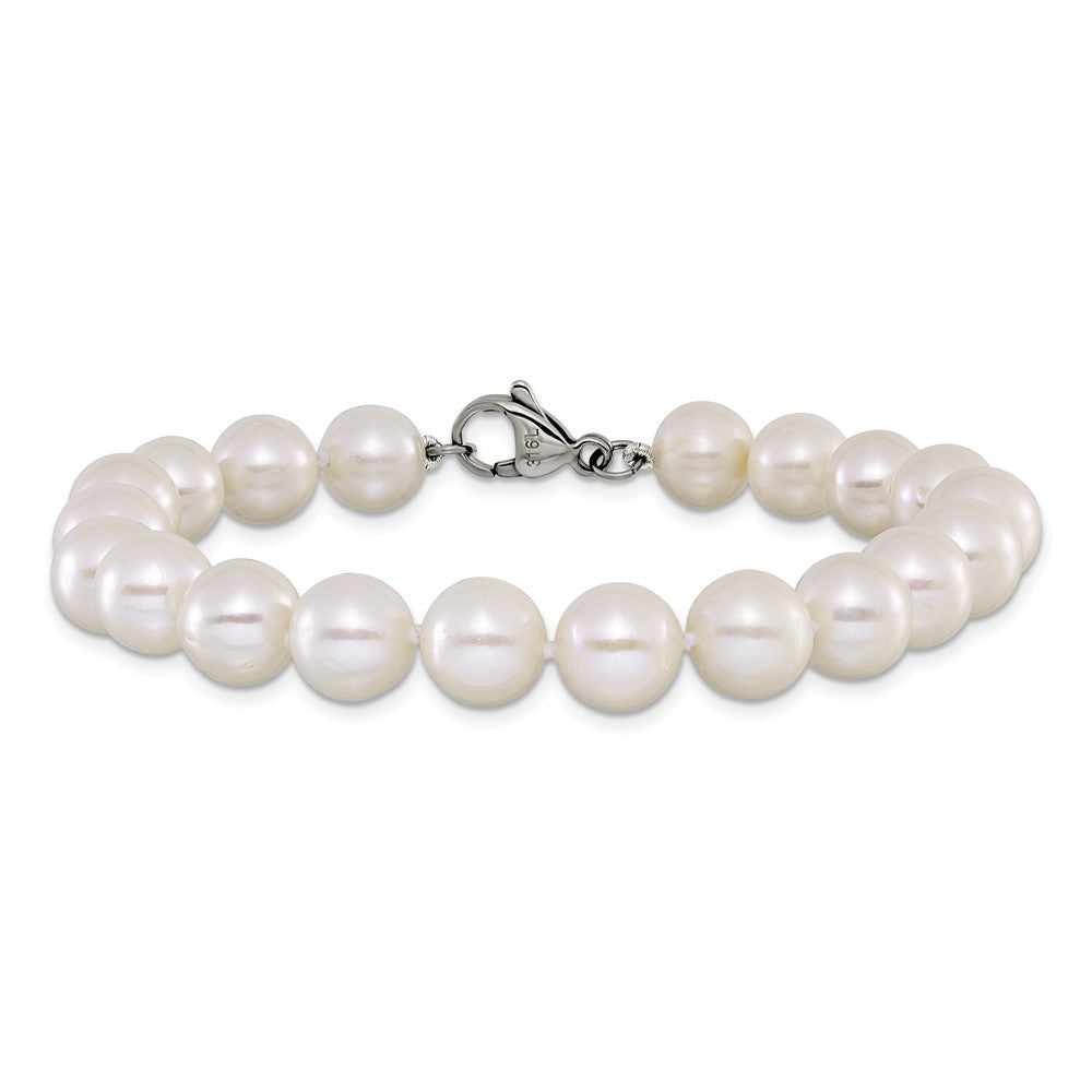 Chisel Stainless Steel Polished 9-10mm Hand Knotted White Round Freshwater Cultured Pearl 8 inch Bracelet SRB3161-8
