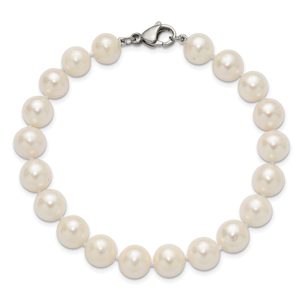 Chisel Stainless Steel Polished 9-10mm Hand Knotted White Round Freshwater Cultured Pearl 8 inch Bracelet SRB3161-8